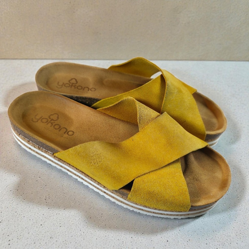 Yokono Mustard Gold Criss Cross Suede Leather Womens Platform Sandals‎ 9 Chunky